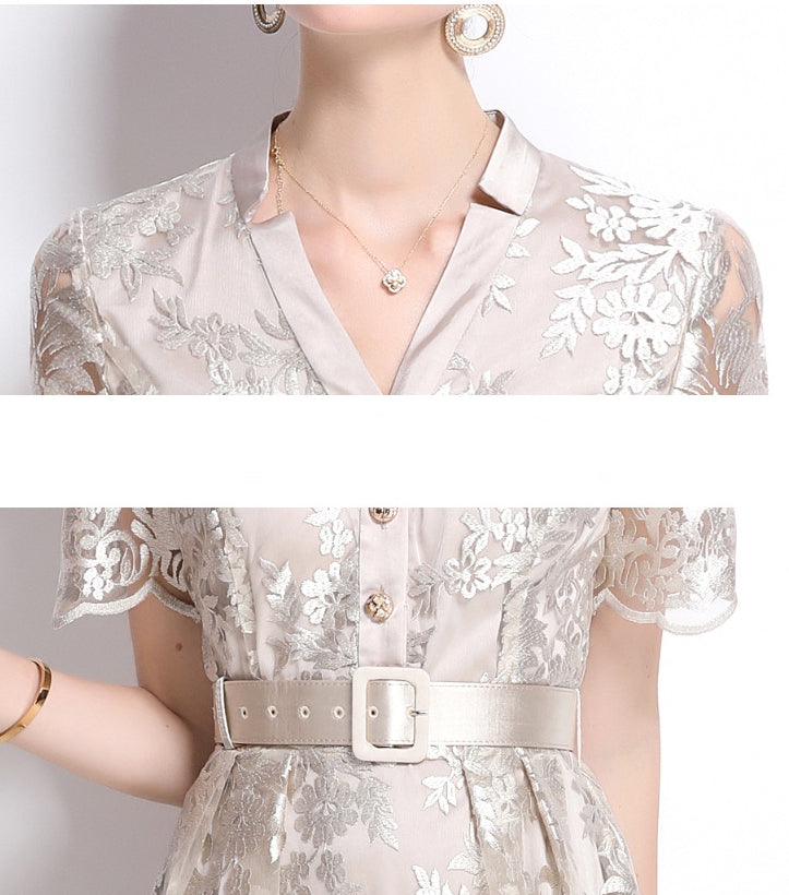 Luxe Embroidered Lace Midi Dress with Belt - 901024775521_APRICOT