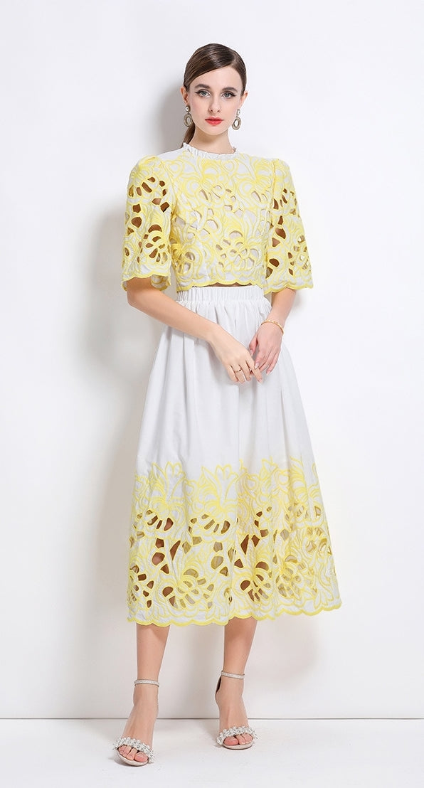 Yellow Embroidered Cutout Two Piece Dress