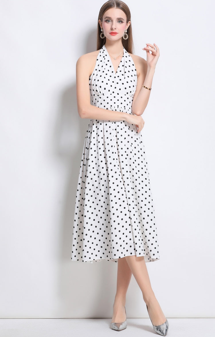Classic Charm White Polka Dot Halter Dress - 902653054769_WHITE