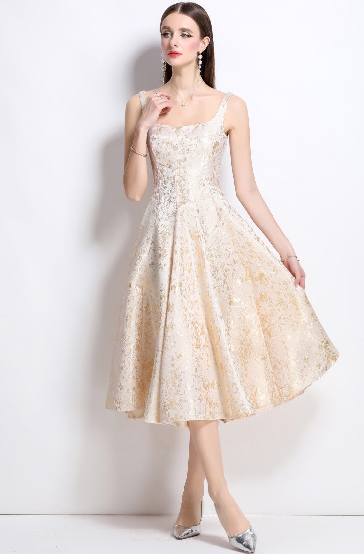 Elegant Gold Jacquard Midi Dress