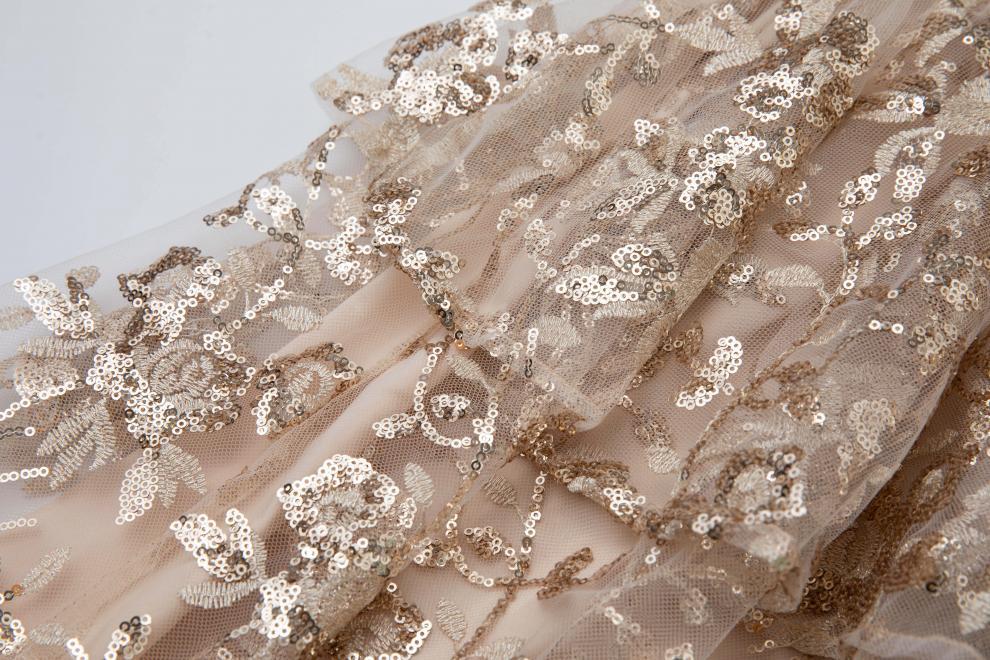 Champagne Gold Floral Sequin Tiered Maxi Dress