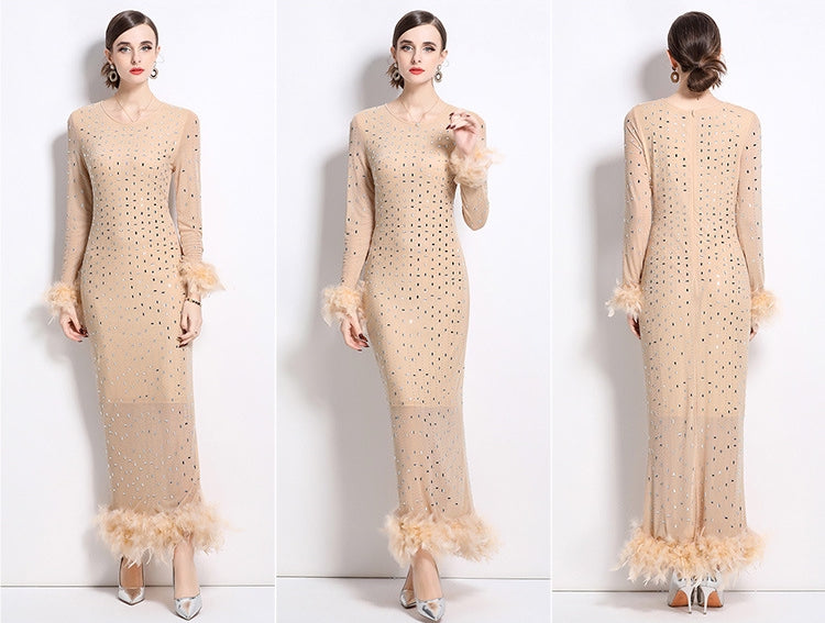 Heavy Embellished Stretchable Feather Sleeves Mesh Party Dress