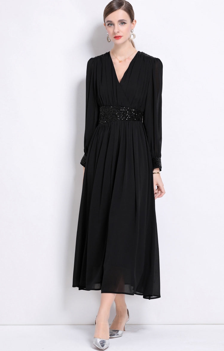 Midnight Grace Sequin Waist Maxi Dress