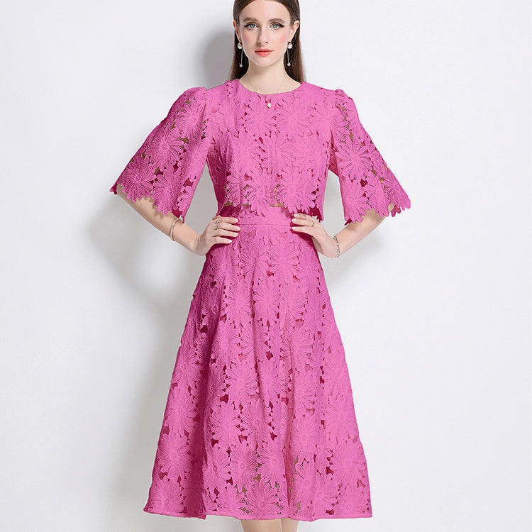 Fuchsia Floral Lace Two-Piece Midi Set - 906455894976_ROSERED