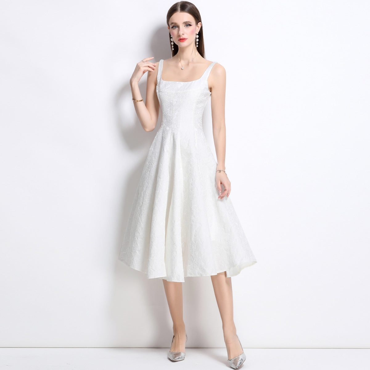 Elegant White Jacquard Midi Dress