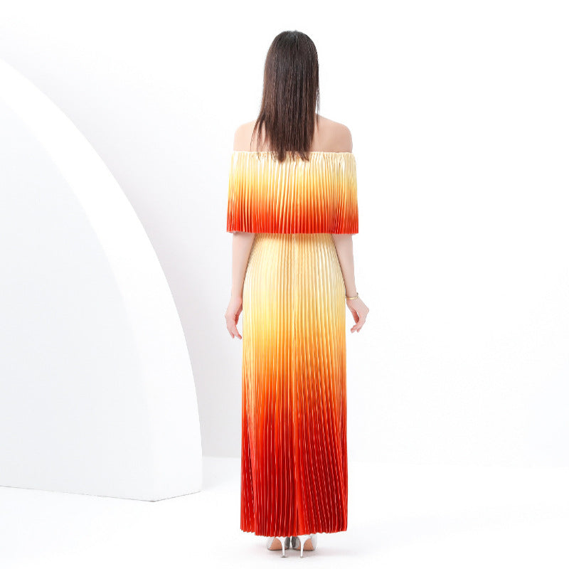 Off-Shoulder Ombre Pleated Maxi Dress