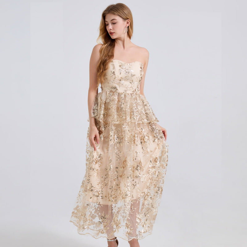 Champagne Gold Floral Sequin Tiered Maxi Dress