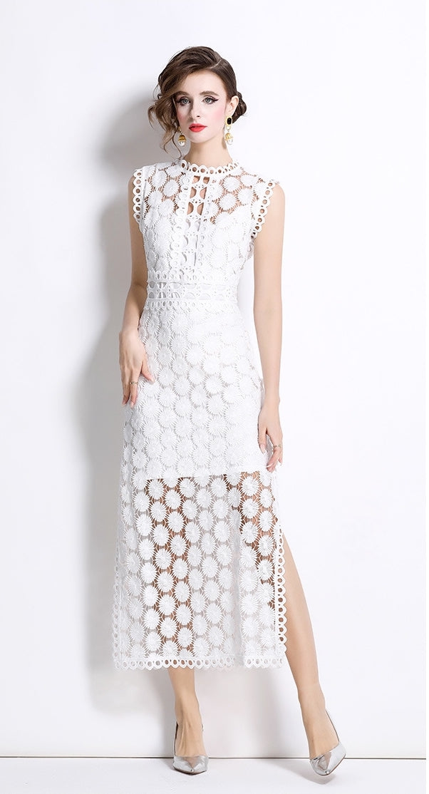 White Hollow-Out Lace Midi Dress