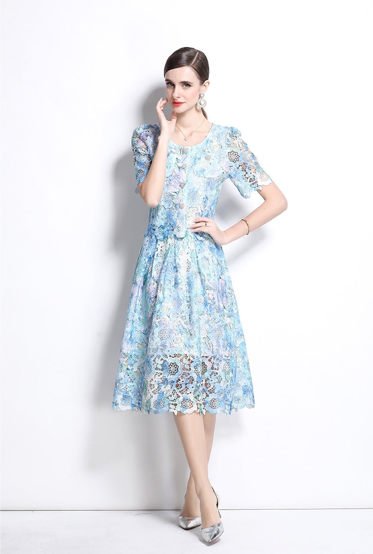 Sky Blue Lace Midi Two Piece Dress