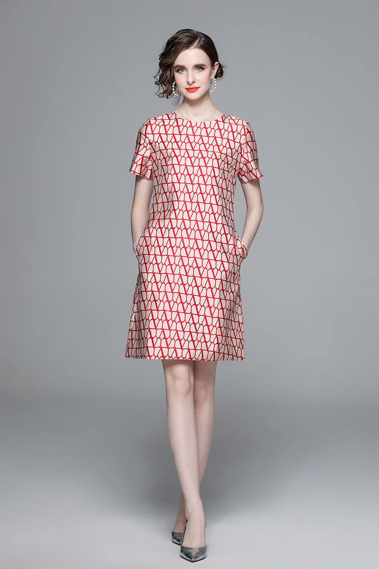 Elegant Red Geometric A-Line Dress