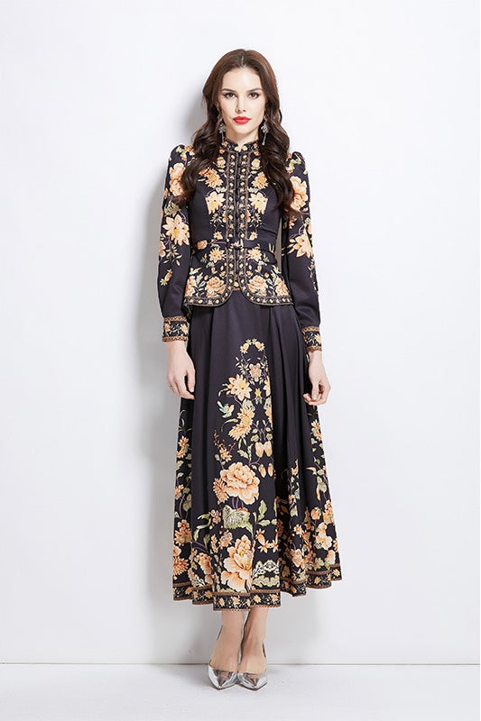 Elegant Black & Gold Floral Print Blouse & Maxi Skirt Set
