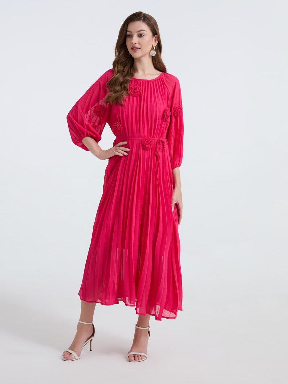 Rose Radiance Pleated Chiffon Dress - 906472342218_ROSERED