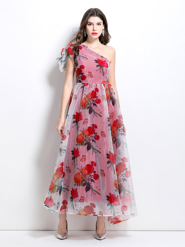 One-Shoulder Floral Slit Maxi Dress