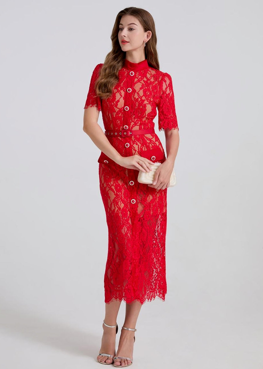 Scarlet Envy Lace Belted Dress
