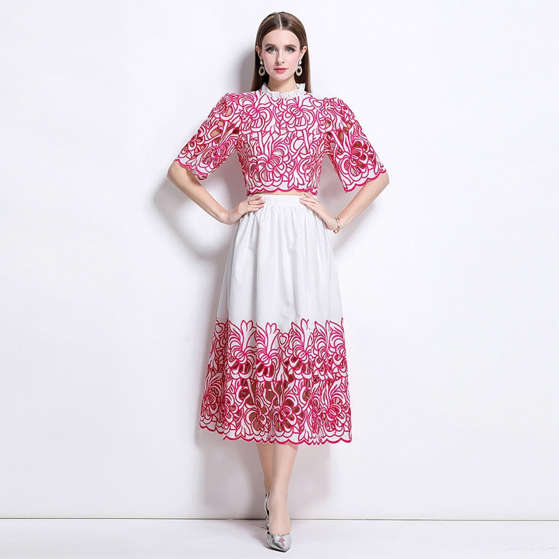 Red Embroidered Cutout Two Piece Dress