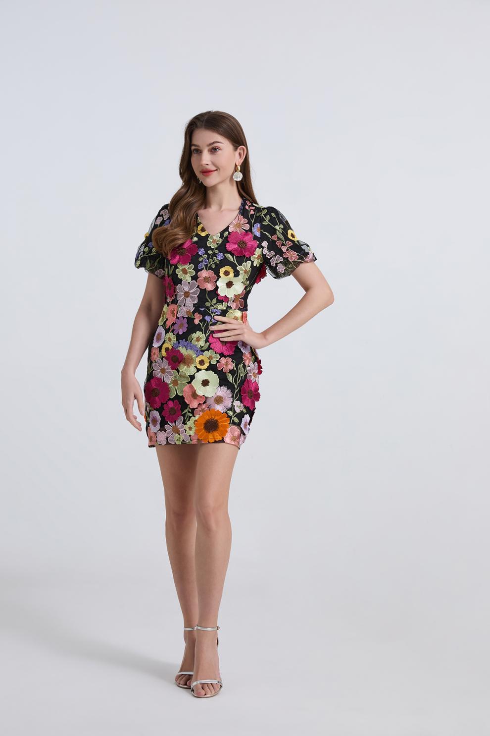 Embroidered Floral Mini Dress – Black