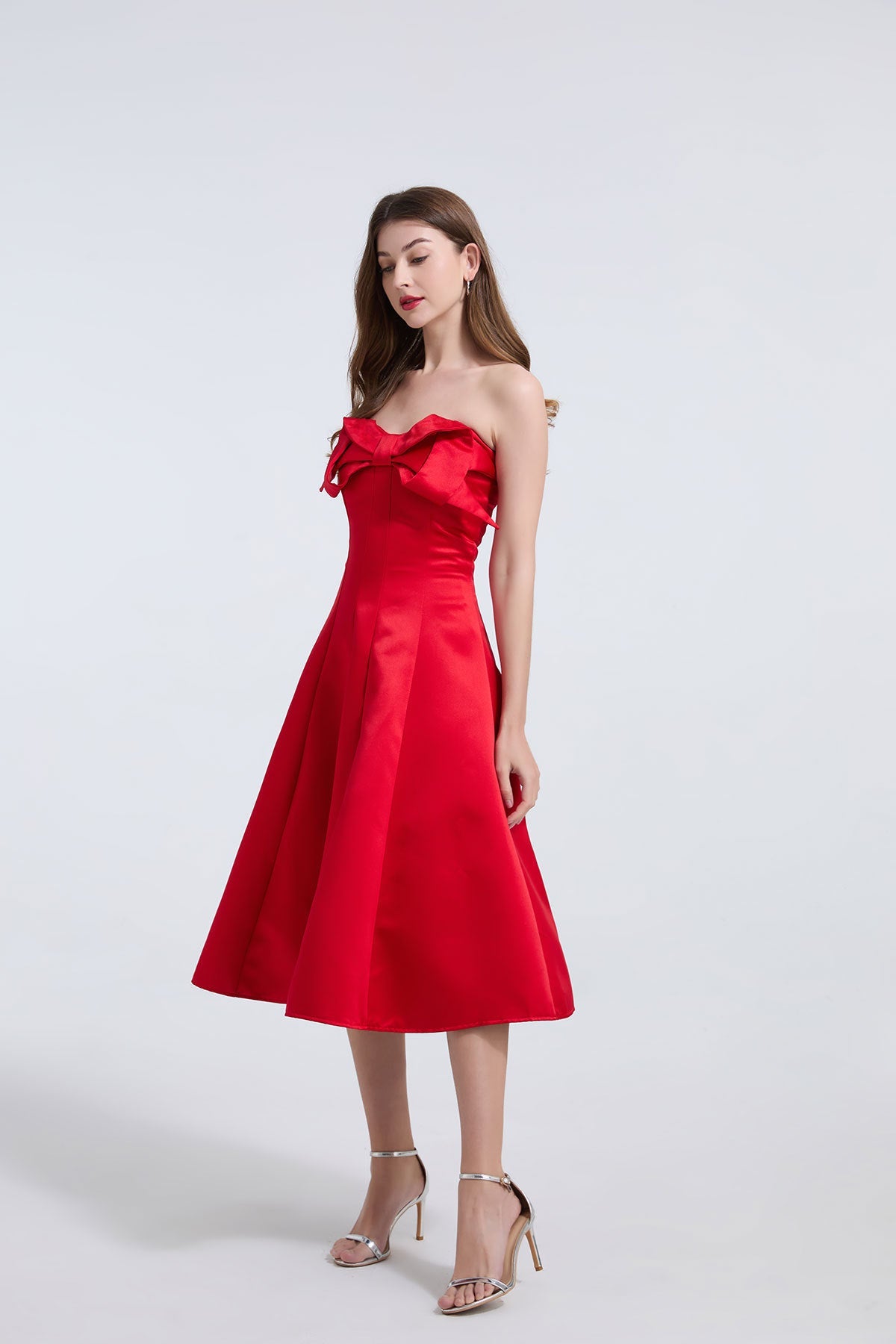 Strapless Bow Detail Satin Midi Dress - Red