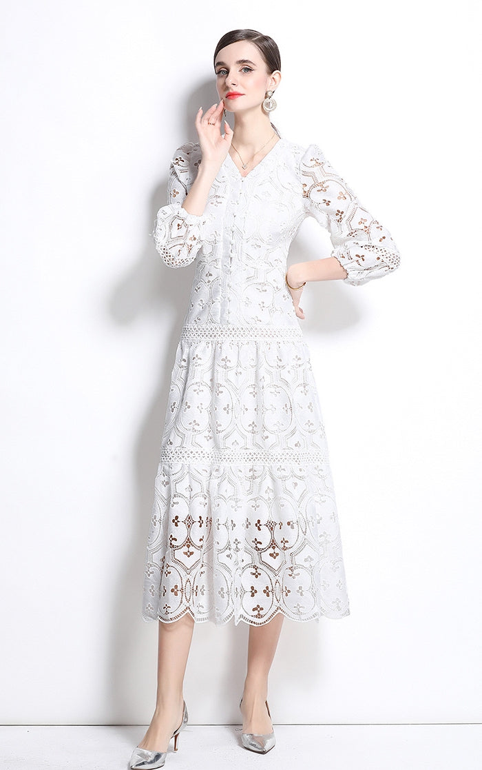 White Boho Lace Midi Dress
