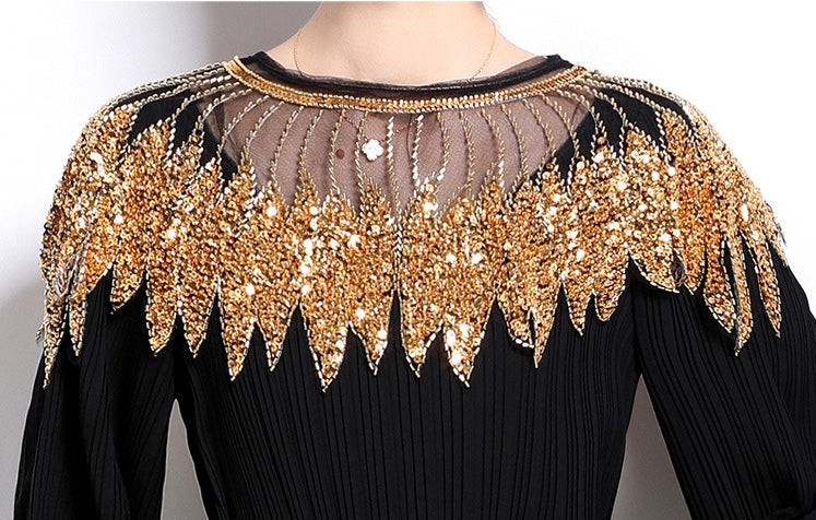 Elegant Black Maxi Dress with Gold Embellishments