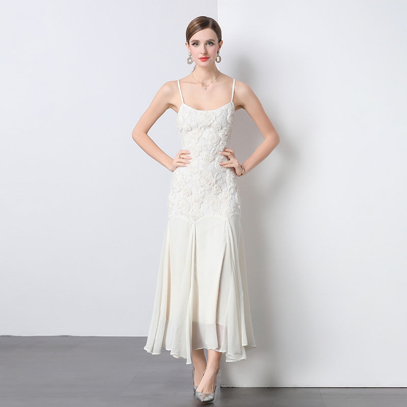 Elegant Rosette Lace Mermaid Dress - 903964984687_OFFWHITE