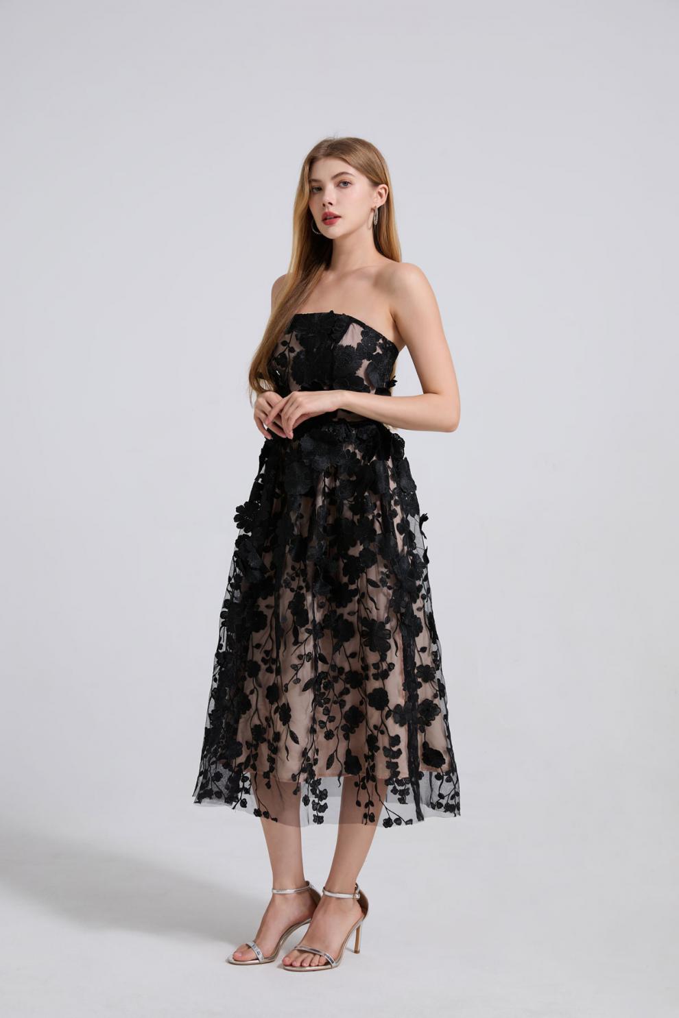 Midnight Bloom Strapless Tulle Dress - 912071976607_BLACK
