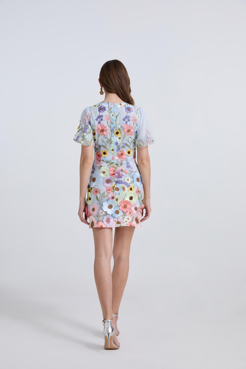 Sky Blue Floral Embroidered Mini Dress