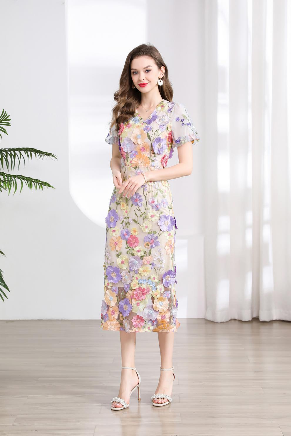 Elegant Floral Embroidered Mesh Midi Dress