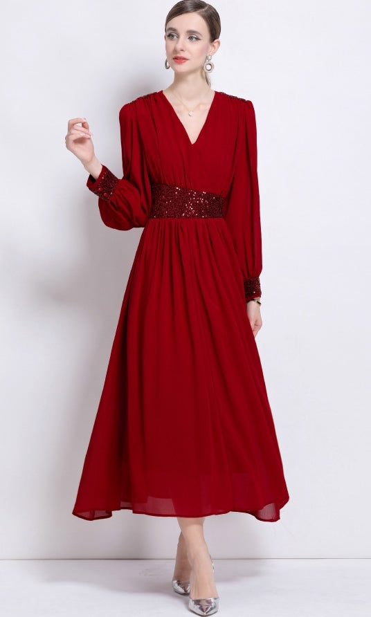 Crimson Elegance Sequin Waist Maxi Dress