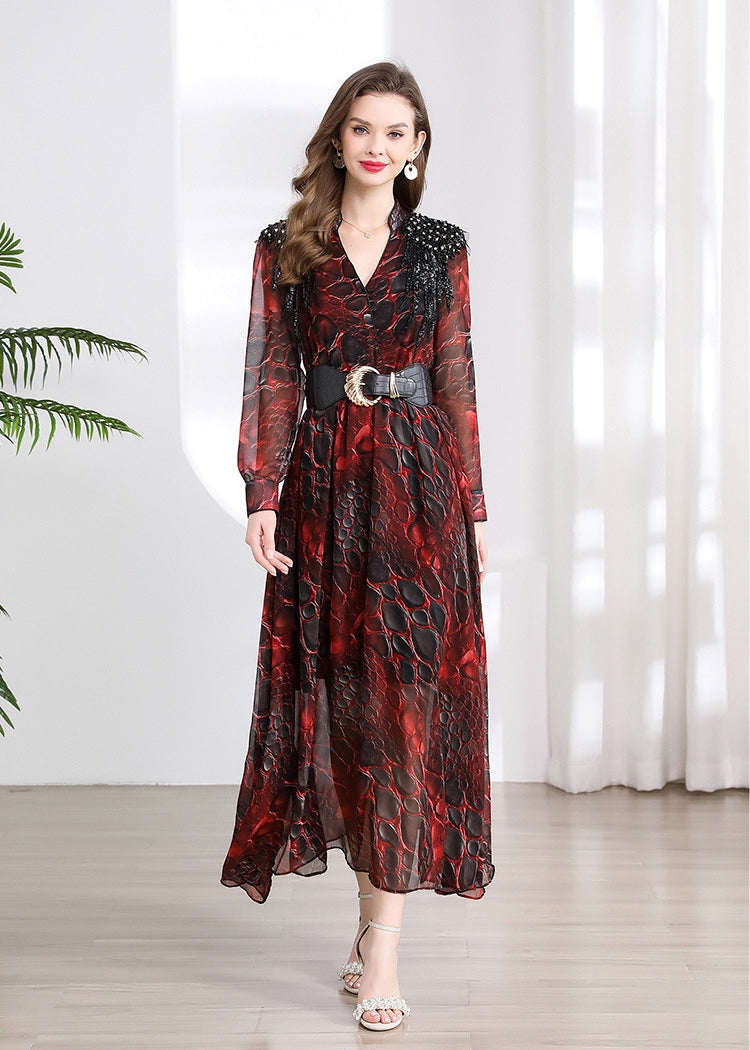 Fiery Serpentine Sheer Maxi Dress - 901487024172_CLARET