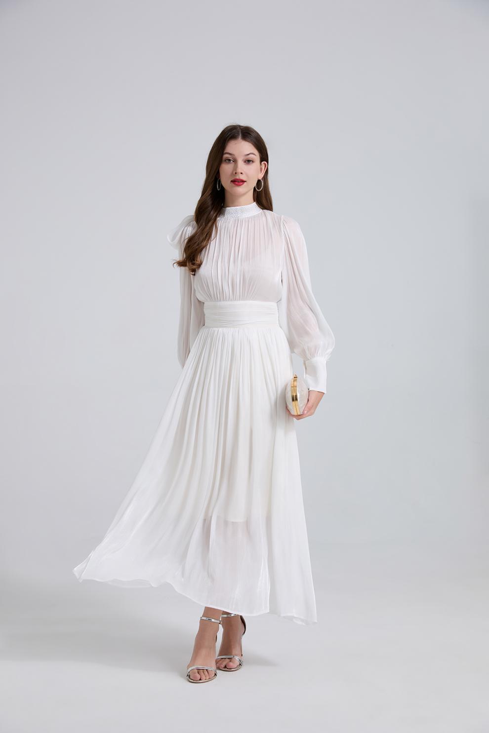 Ivory Grace High-Neck Pleated Midi Dress - 905557854806_WHITE
