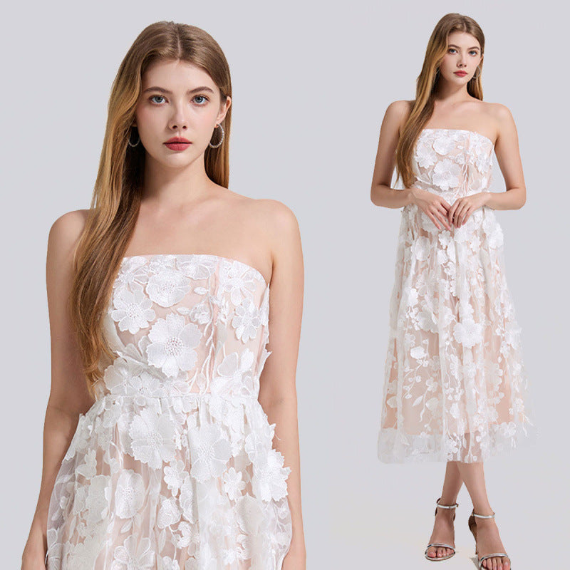 Blossom Veil Strapless White Embroidered Dress - 912071976607_WHITE