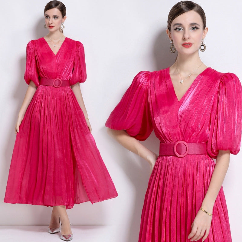 Radiant Rose Pleated Belted Dress - 920551704711_ROSERED