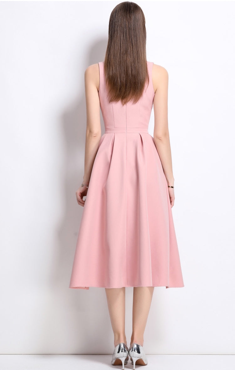 Elegant Rose Midi Bow Dress - 901083289296_PINK