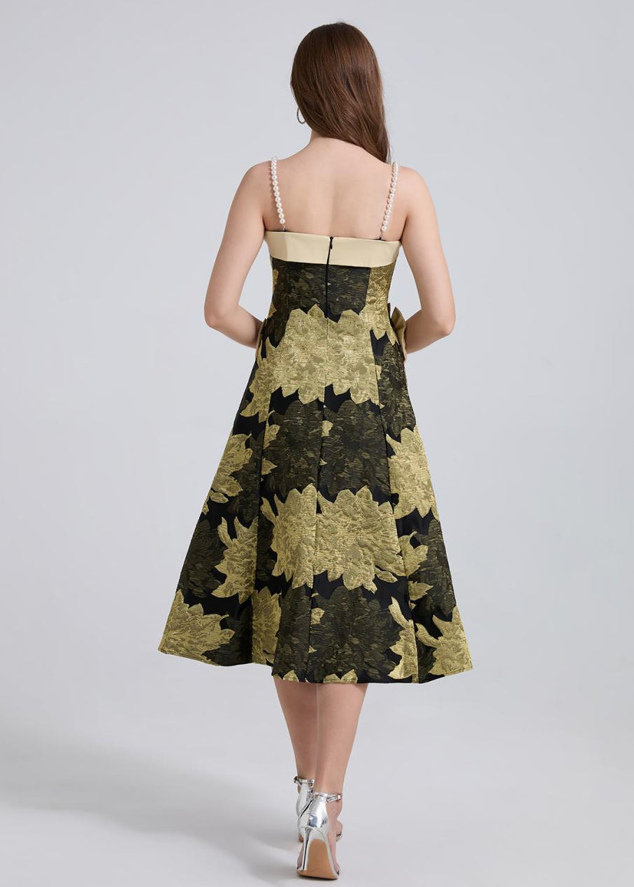 Golden Bloom Jacquard Midi Dress