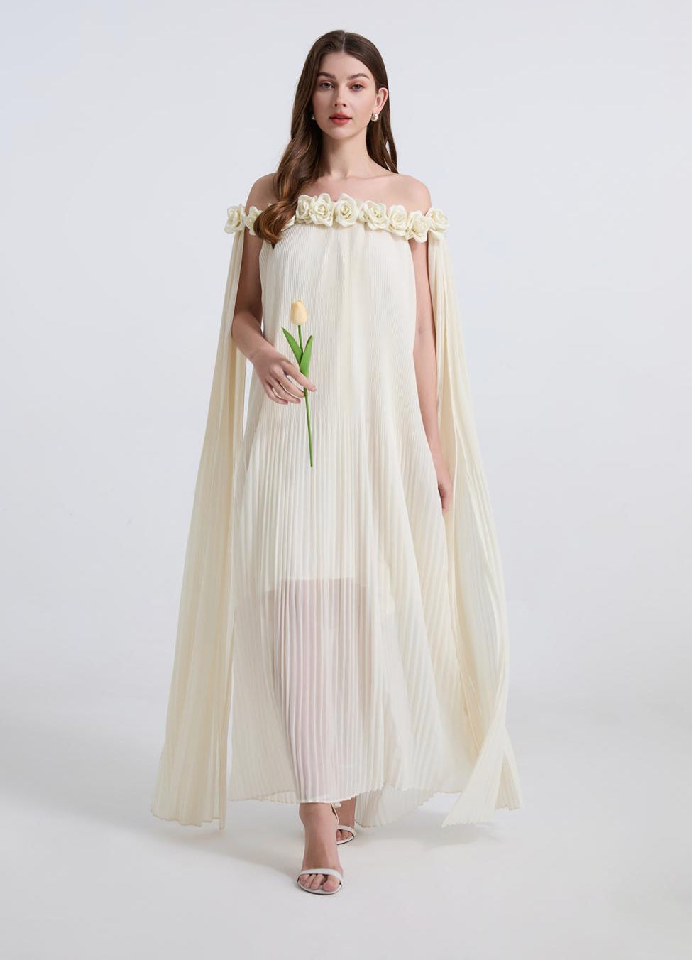 Ivory Floral Off-Shoulder Pleated Gown