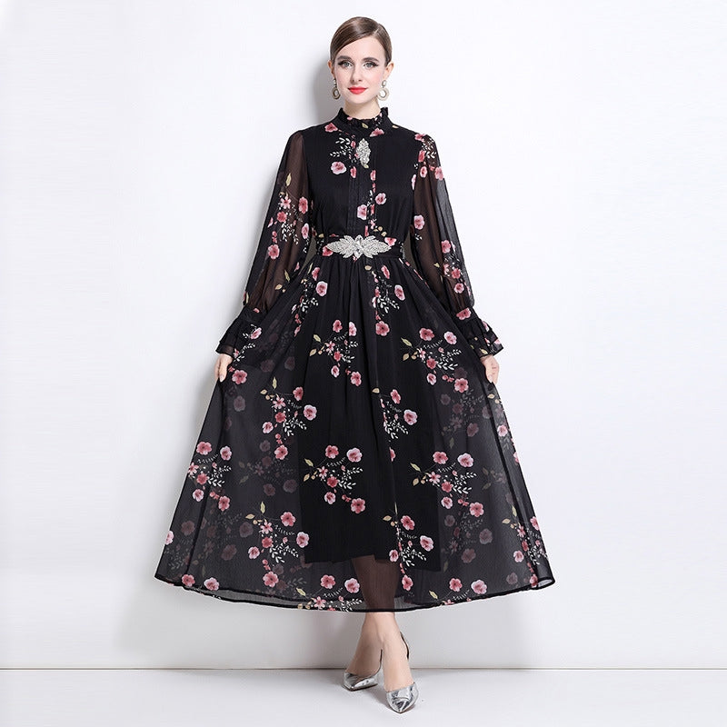 Black Flowy Floral Tiered Chiffon Gown With Belt