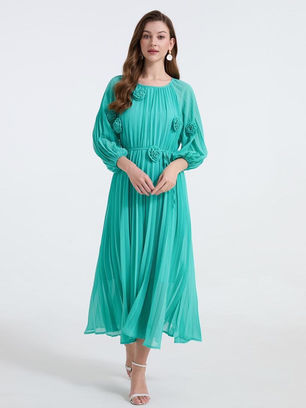 Emerald Breeze Pleated Midi Dress - 906472342218_GREEN