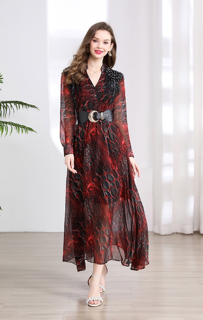 Fiery Serpentine Sheer Maxi Dress - 901487024172_CLARET