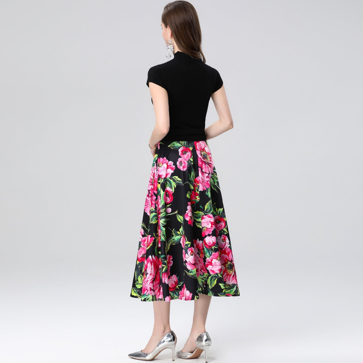 Floral High-Waist Midi Skirt Two Piece Set
