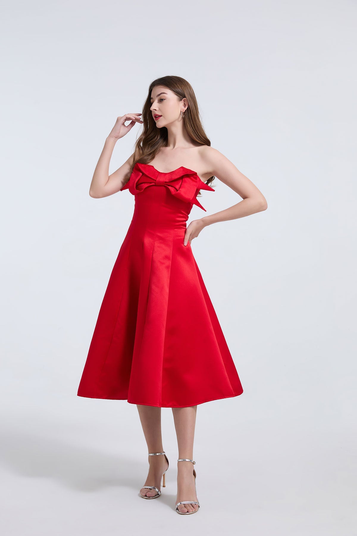 Strapless Bow Detail Satin Midi Dress - Red