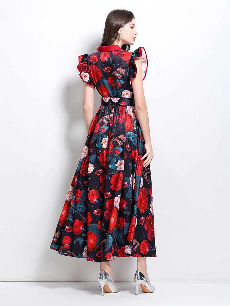 Vintage-Inspired Floral Maxi Shirt Dress with Ruffle Sleeves