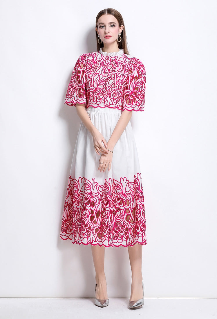 Red Embroidered Cutout Two Piece Dress