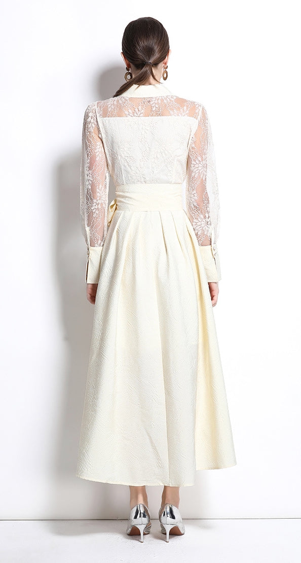 Elegant Lace Sleeve Belted Midi Dress