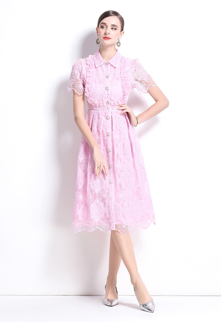 Elegant Pink Lace Button-Up Midi Dress