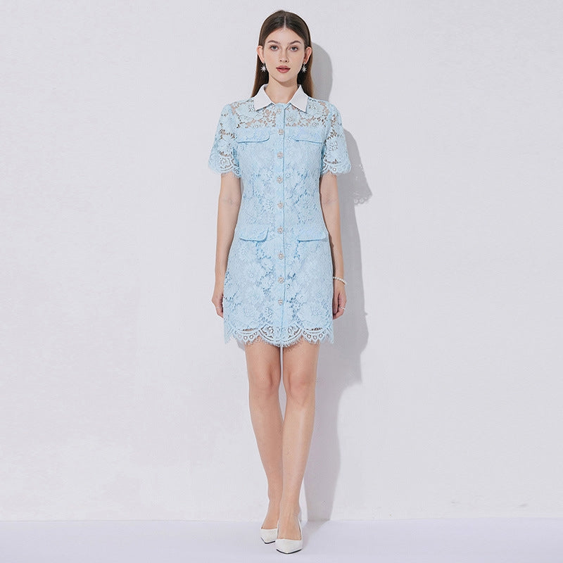 Bella Azure Collared Lace Mini Dress - 901753717898_BLUE