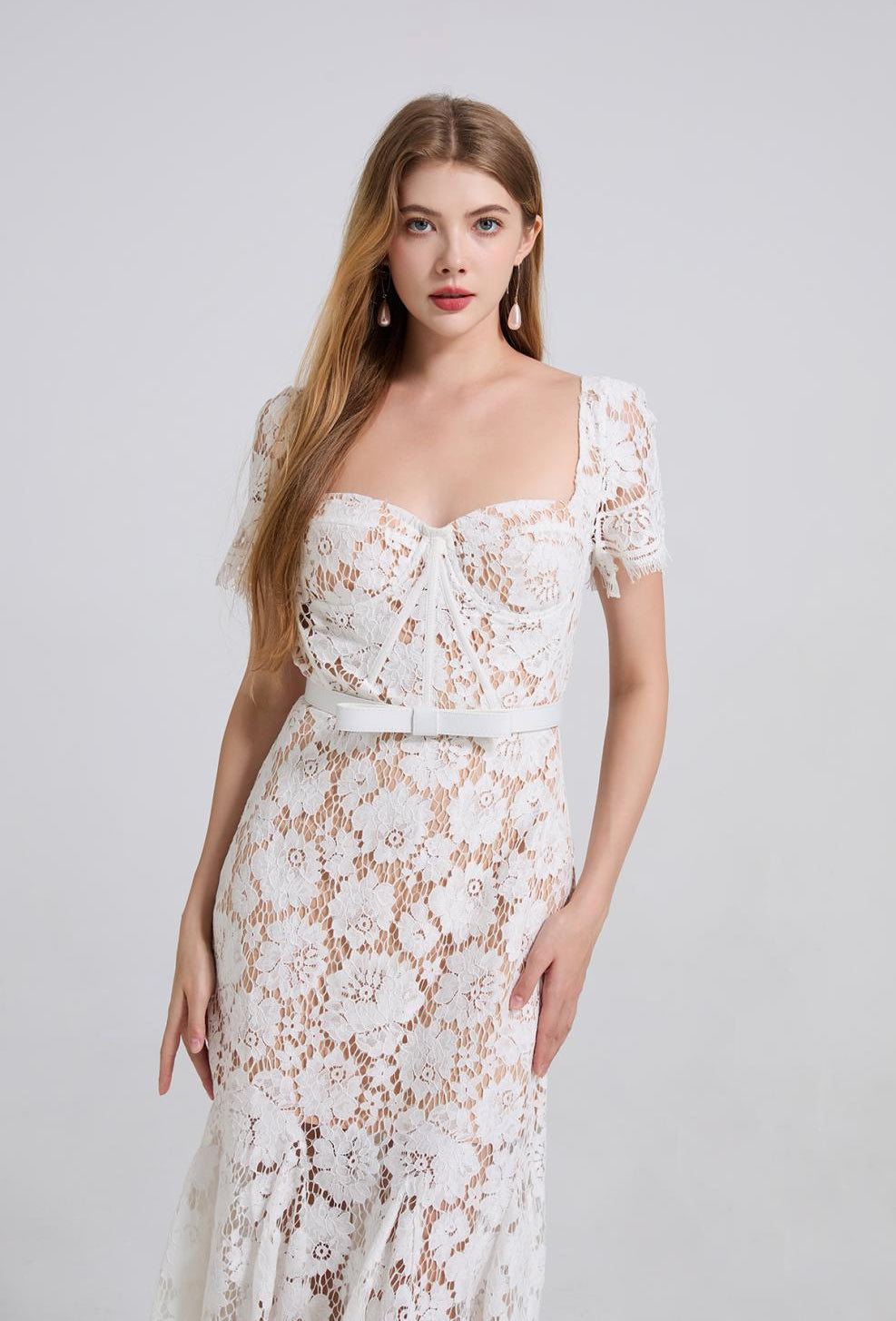 Ivory Grace Floral Lace Midi Dress - 912087138600_WHITE