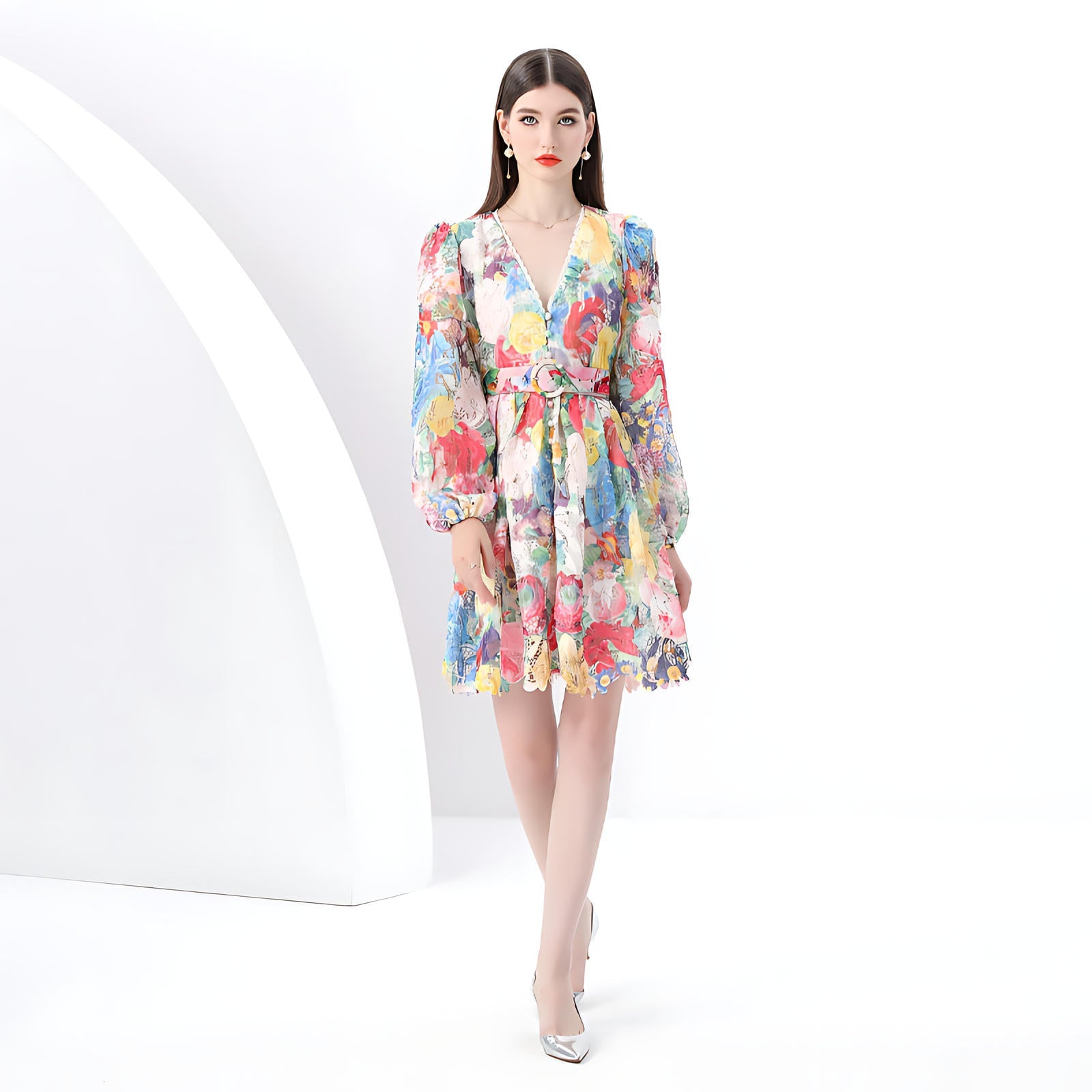 Floral V-Neck Belted Dress