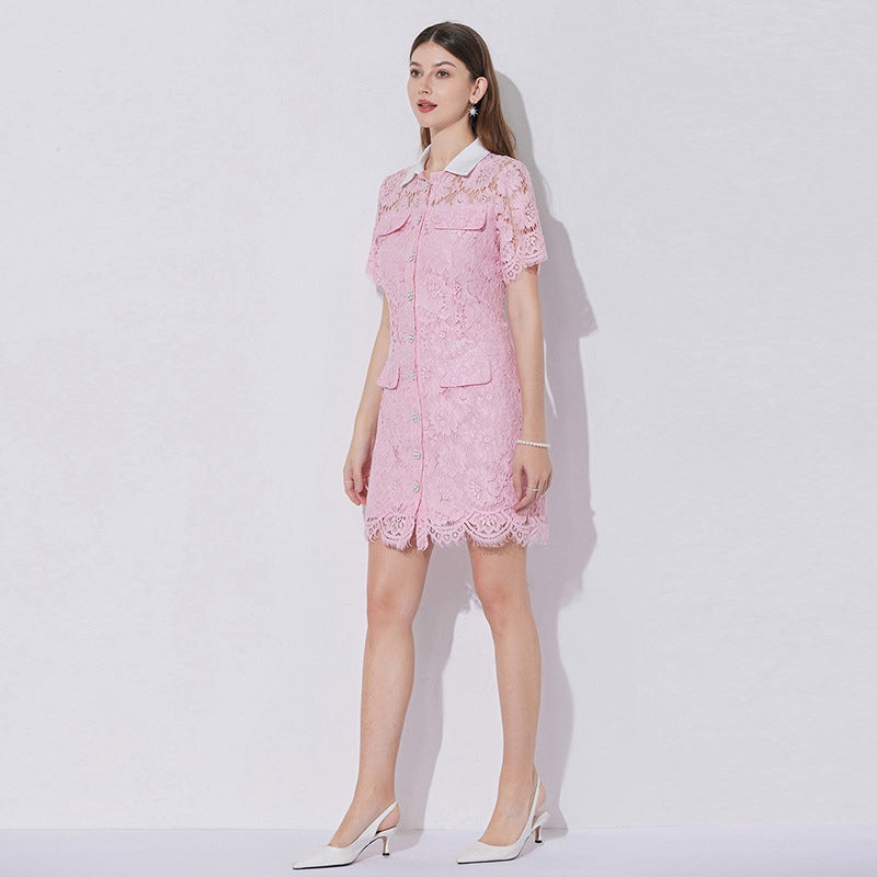 Rosette Charm Collared Lace Shirt Dress - 902173220374_PINK