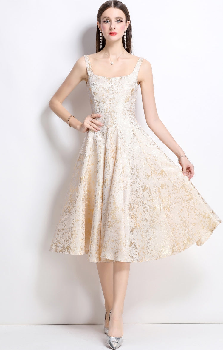 Elegant Gold Jacquard Midi Dress