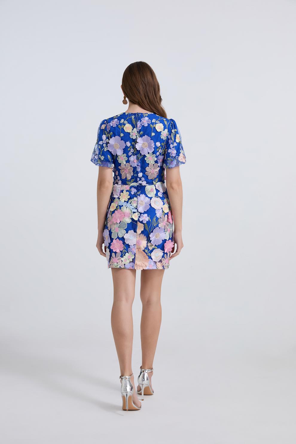 Royal Blue Floral Embroidered Mini Dress